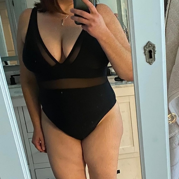 Women's Black One Piece Swimsuit Sheer Mesh Tummy Control Swimsuit - Picture 4 of 11